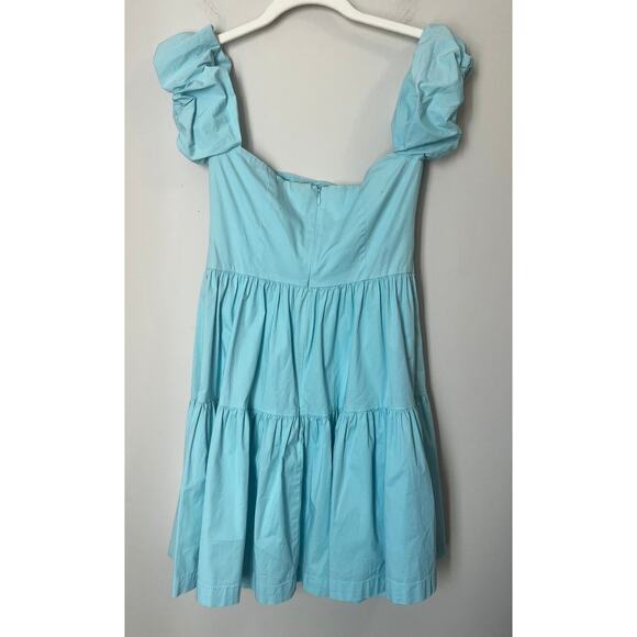Staud Elio Tiered Mini Dress Women's sz. 6 in Turquoise Off the Shoulders - Picture 3 of 9